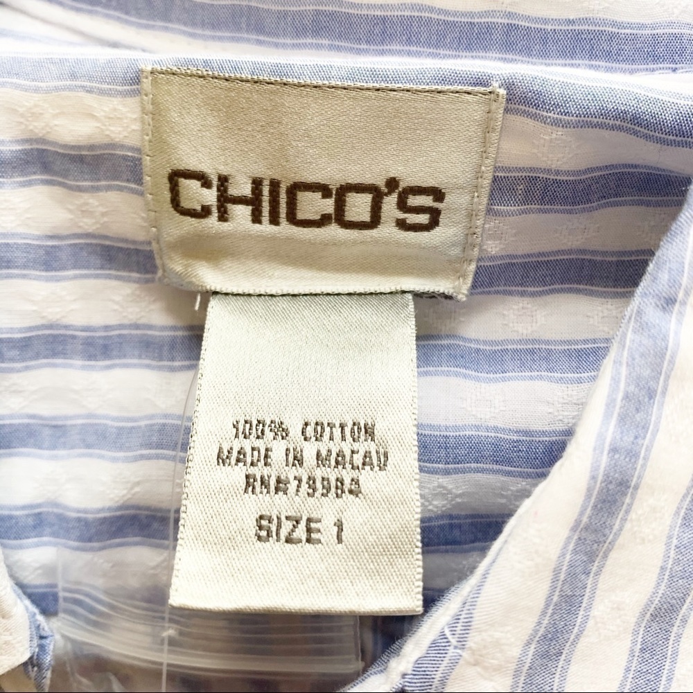 𝅺Chico’s Ladybird Stripe Ellsbury Shirt Button Down White Blue Medium Academia - Picture 6 of 8
